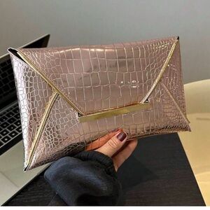 Crocodile Pattern Clutch in Gold and Tan